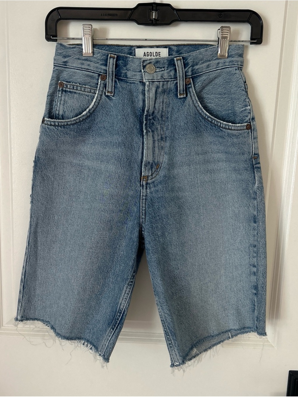 AGOLDE Pinch Waist High Rise Frayed Denim Distressed Bermuda Shorts In Oasis 23